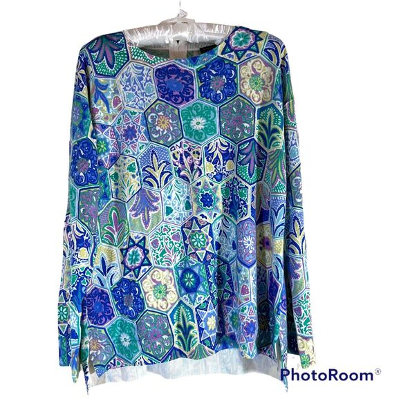 Talbots Womens Medium Floral Sweater Blue Yellow Green Mosaic Tile High Low - Picture 1 of 8